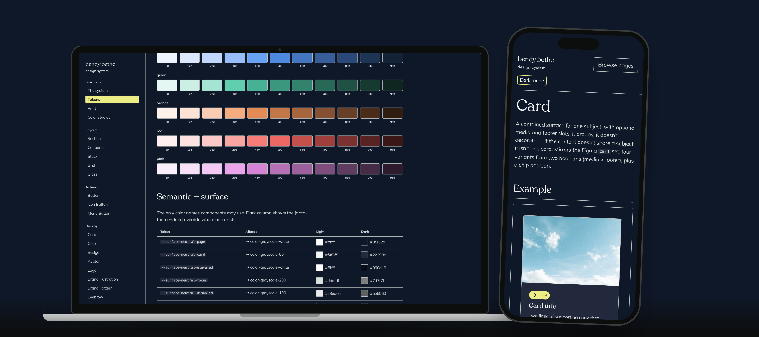 A laptop showing the design system's Tokens page in dark mode, with colour primitives and the semantic surface table, beside a phone showing the Card page in dark mode.