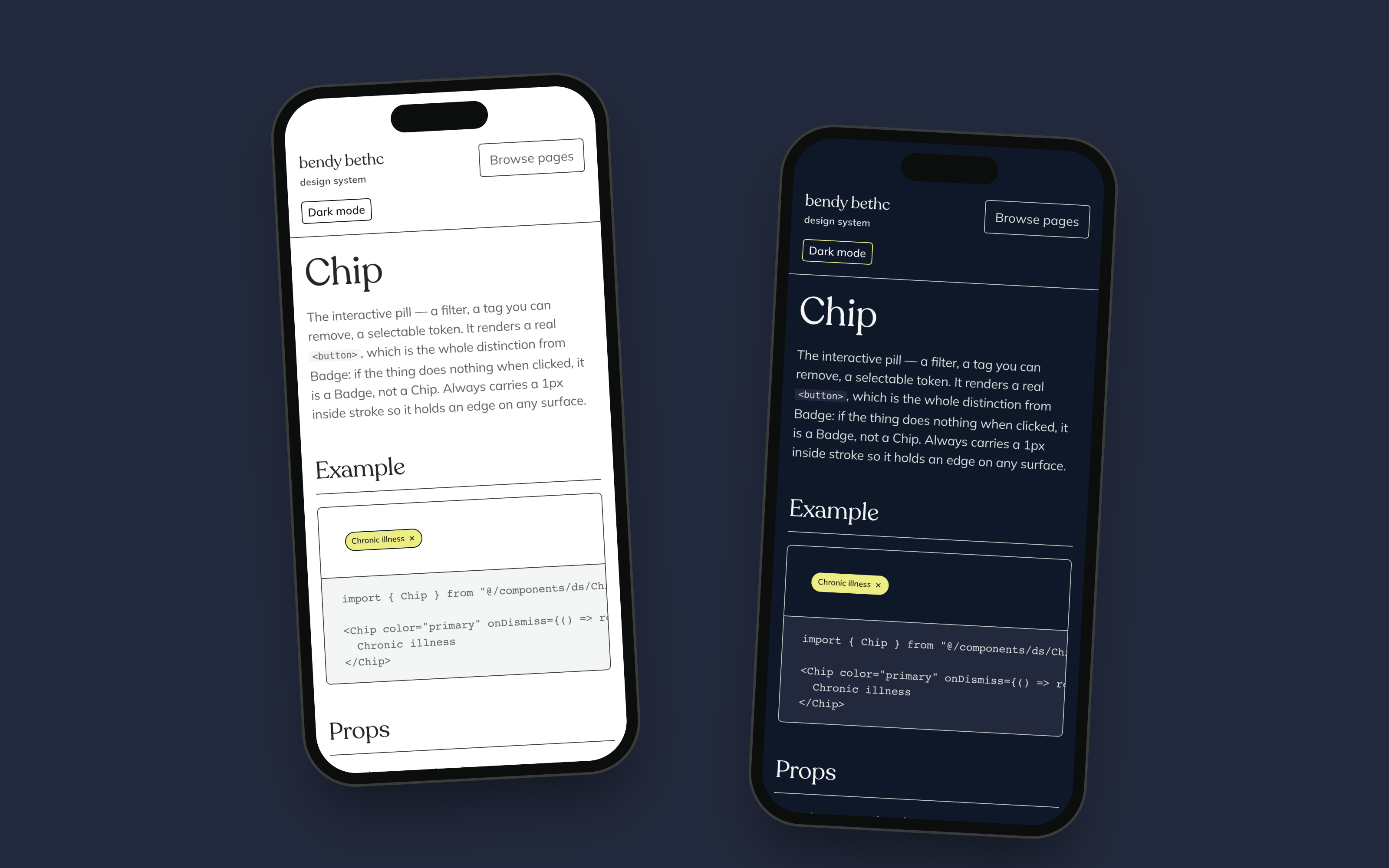Two phones side by side on a navy ground, both showing the Chip page of the showcase, one in light mode and one in dark mode.