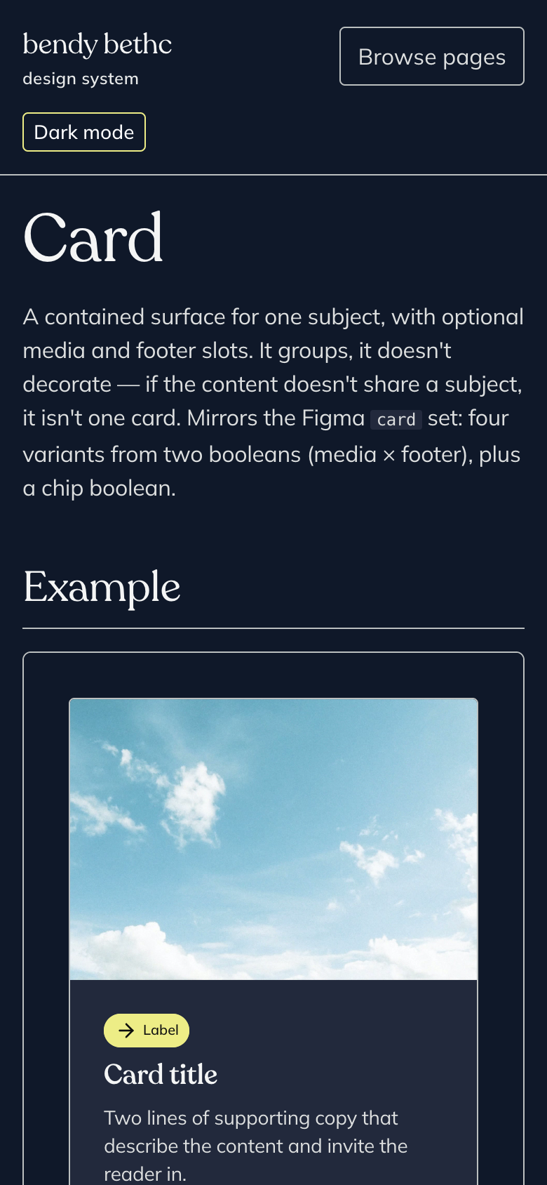 The Card page at phone width in dark mode, showing a card with a stock sky photograph, a Label chip and a title.