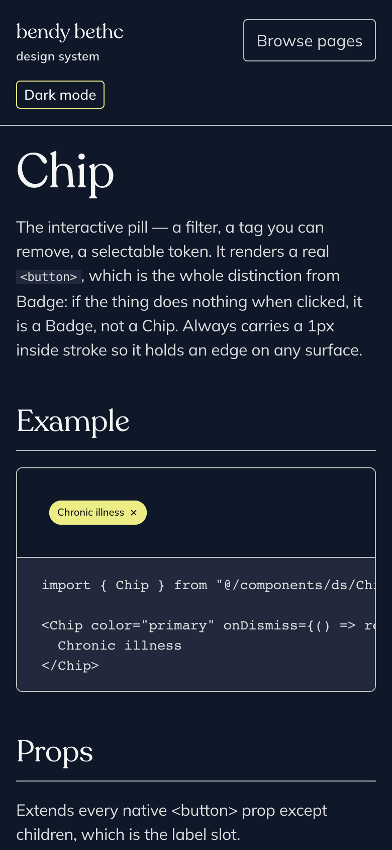 The Chip page at phone width in dark mode, showing a yellow chip reading Chronic illness with a dismiss mark, and its code.