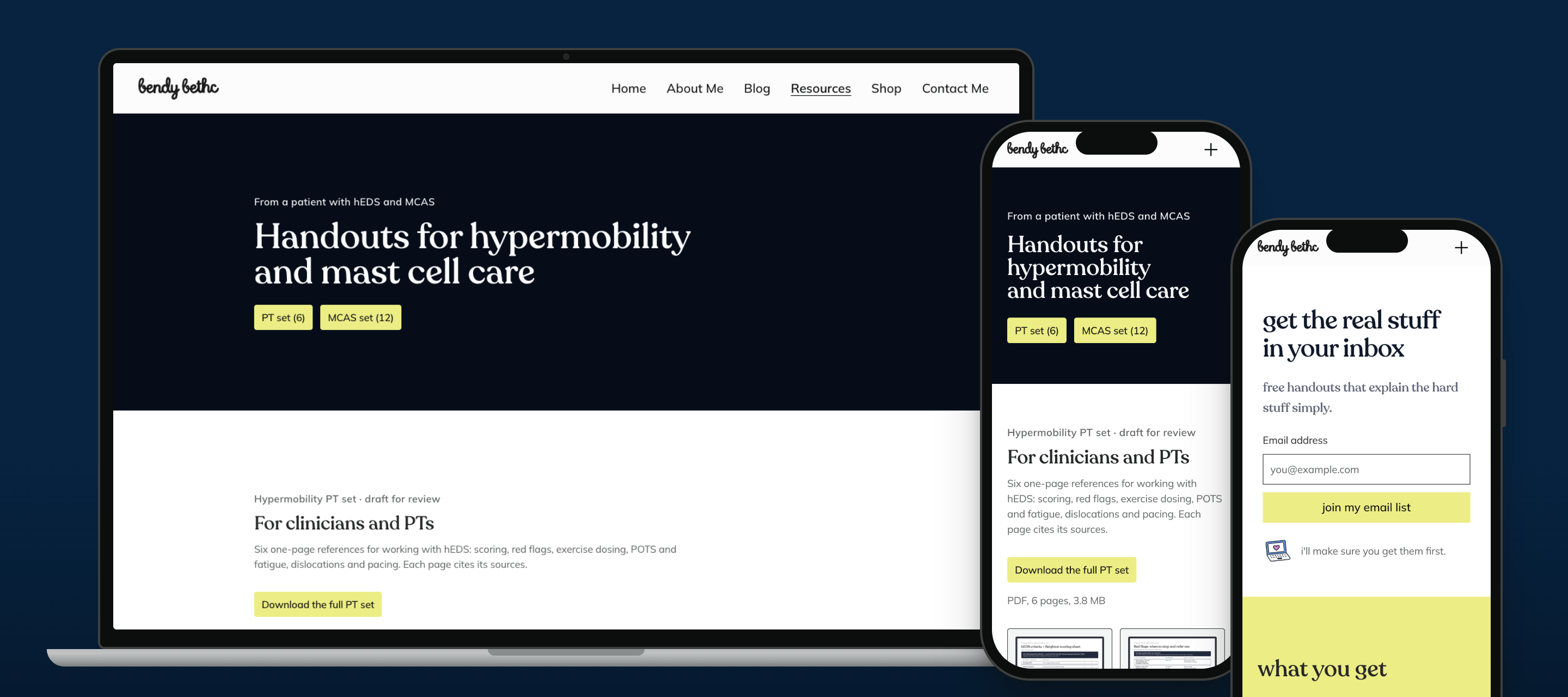 A laptop showing the Handouts page and two phones showing the Handouts and Newsletter pages of bendybethc.com, on a dark navy ground.
