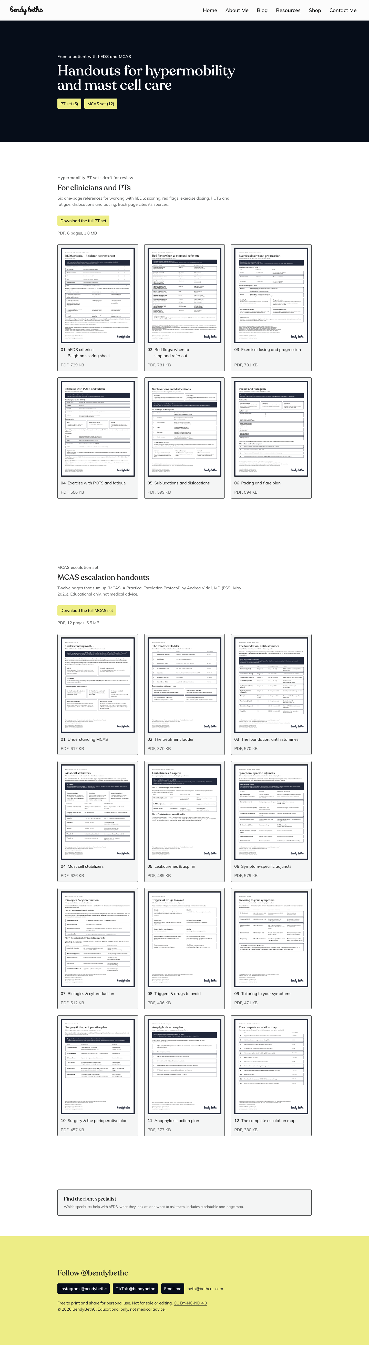 The Handouts page: a dark hero with two jump chips, the PT set intro with a download button, and thumbnails of each page. Desktop, 1440 wide.