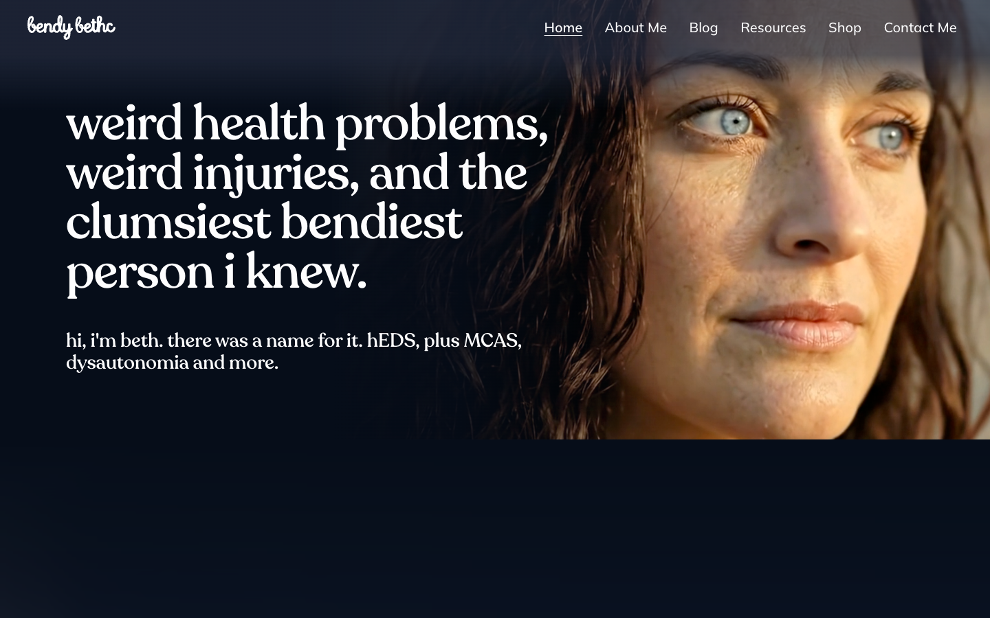 The first screen of the home page: a large headline in lower case, a short hello, and a close photo of Beth's face on the right.