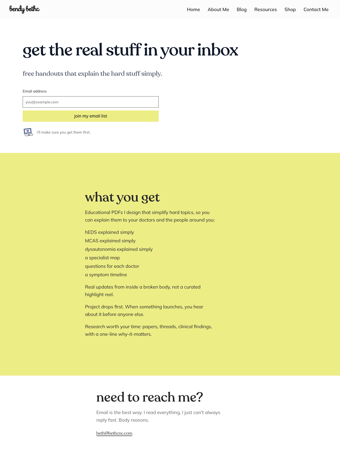 The newsletter page: a headline, one email field with a visible label and a yellow join button. Desktop, 1440 wide.