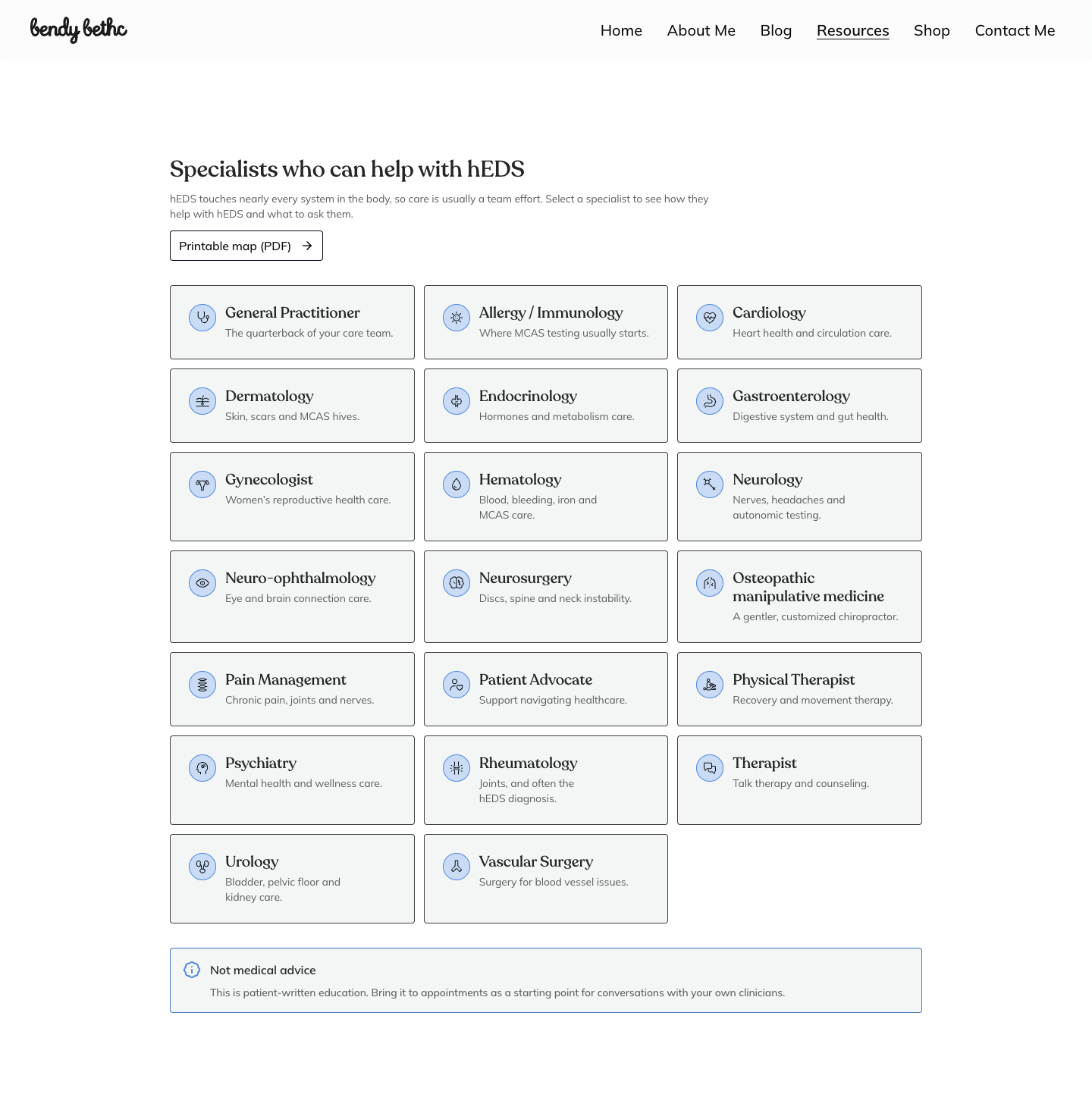 The specialist map page: 19 specialty cards with an icon and one line each, and a printable map button. Desktop, 1440 wide.