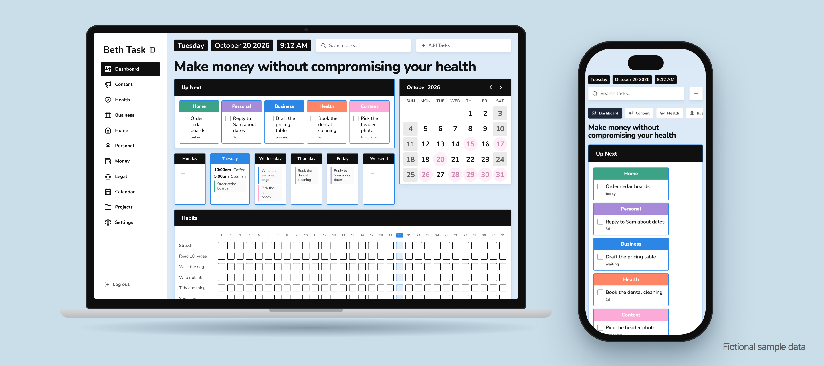 A laptop and a phone on a flat blue surface, both showing the Beth Tasks dashboard with five area cards under the heading Up Next. Sample data, fictional.