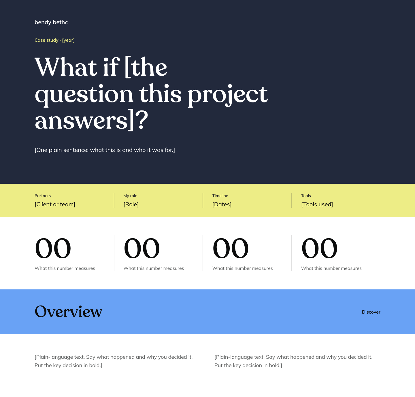 Direction A: navy hero with a text wordmark, a yellow metadata band, four large zero placeholders, and a solid blue Overview bar.