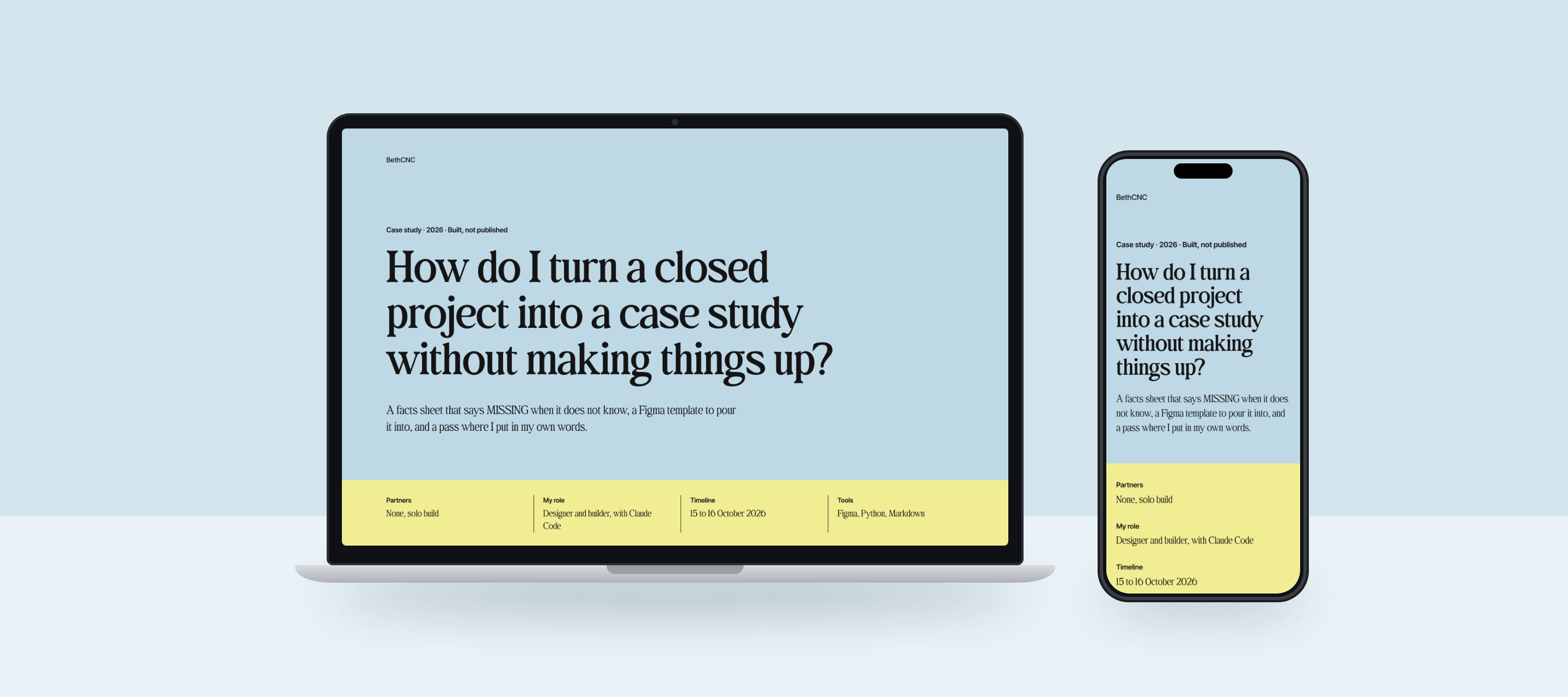 A laptop and a phone on a pale blue surface, both showing the top of this case study page: a blue hero with the question as the title.
