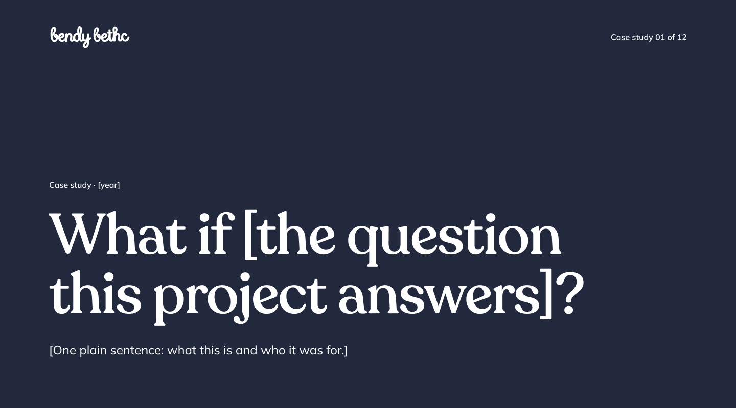 Template hero: navy ground, white logo, the question as a very large serif title, one plain sentence.