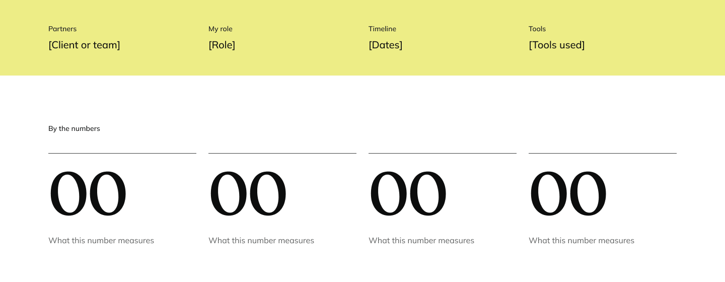 Template metadata band in yellow with four labelled cells, above a strip of four large placeholder numbers.