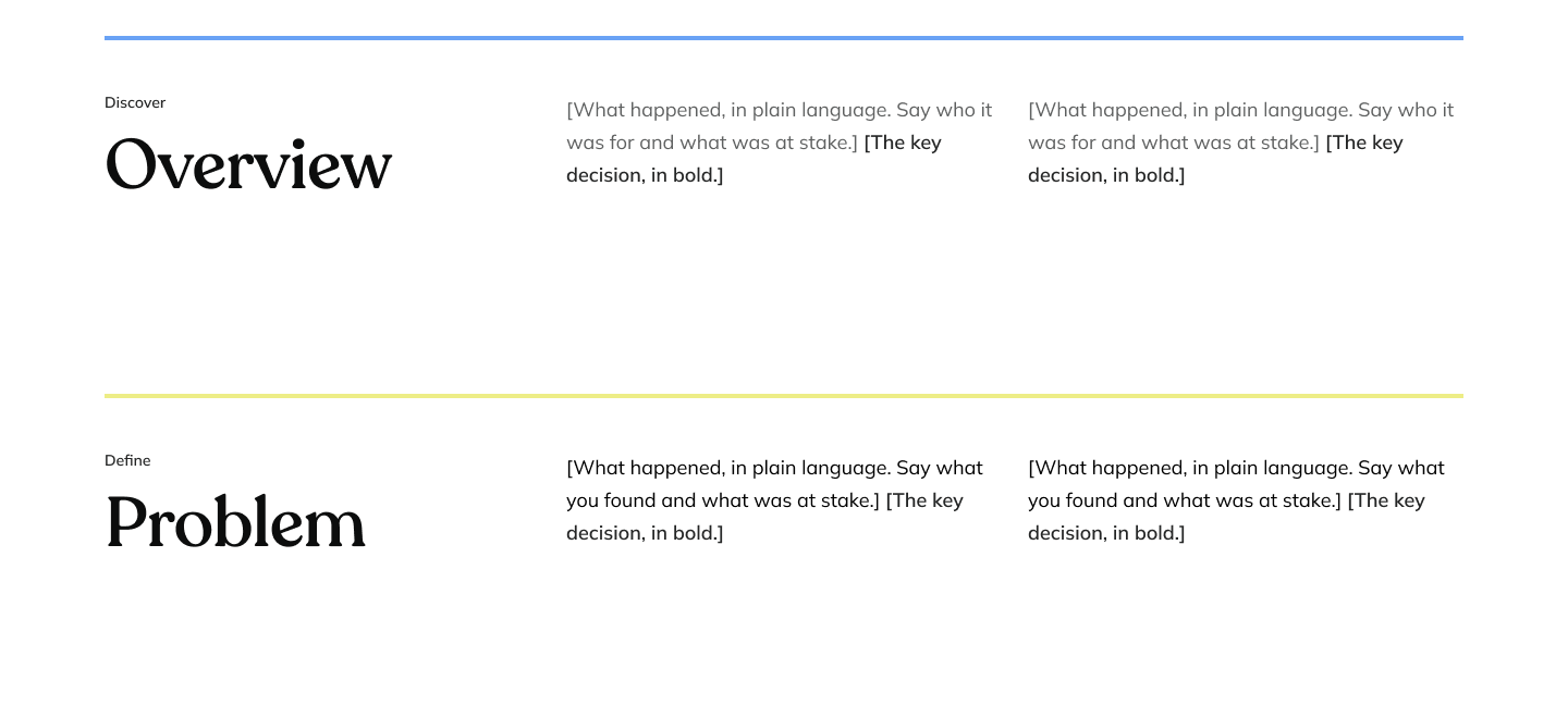 Template section rows: a blue 4px rule, the label Discover, a large Overview heading and two columns of placeholder text.