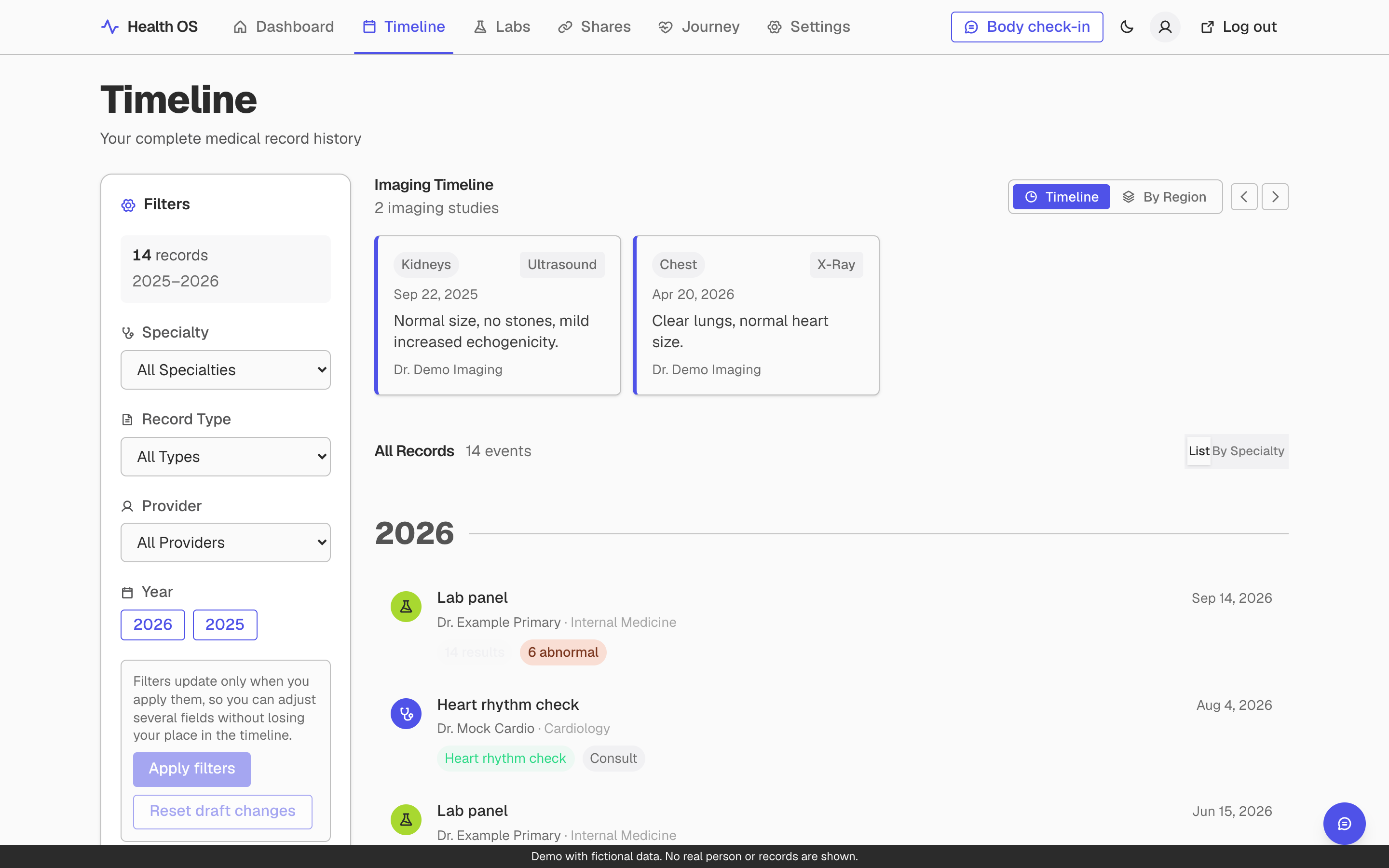 Timeline page with a filter panel, imaging cards and a yearly list of records. Fictional data.