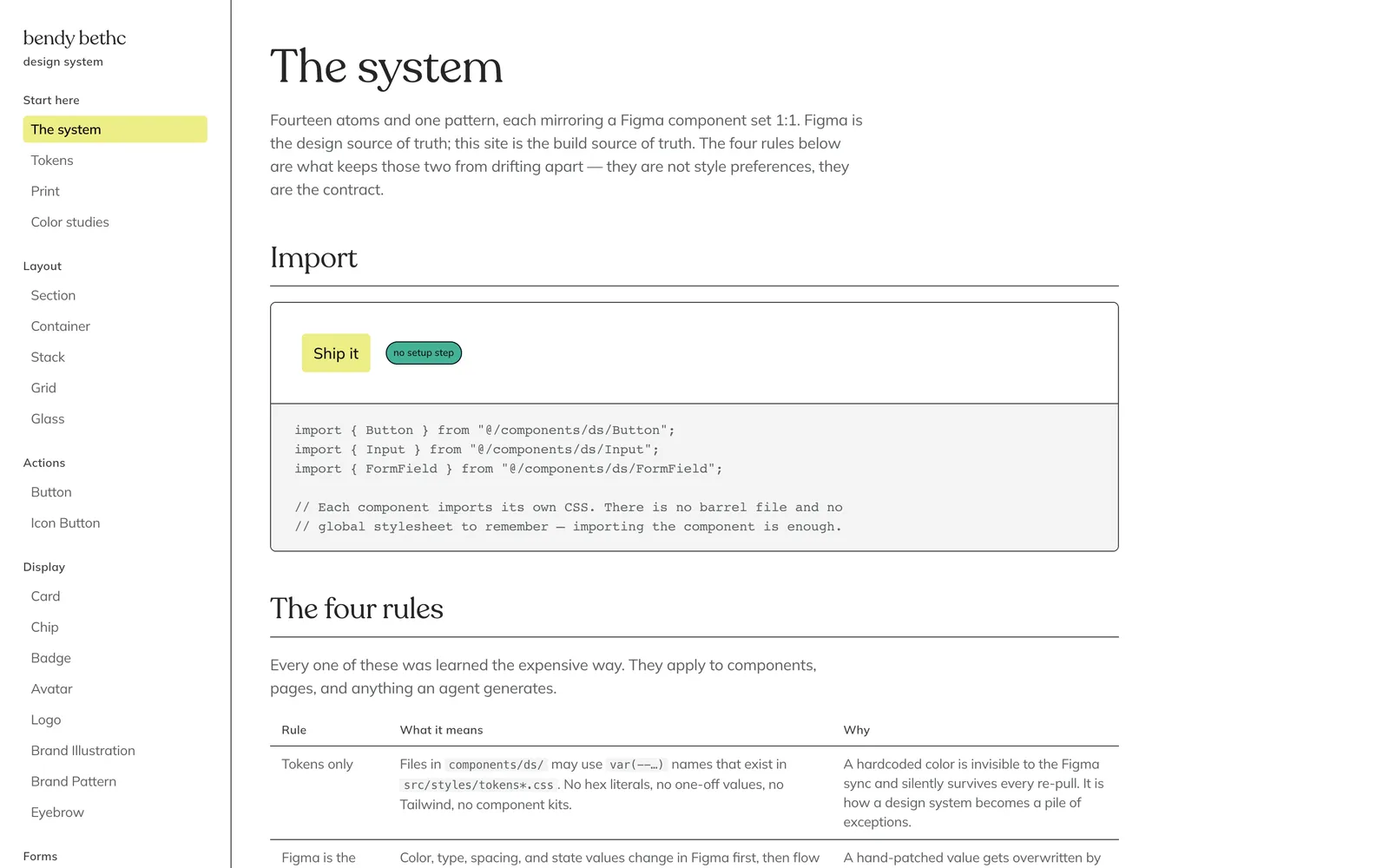 BendyBethC design system documentation: a sidebar of components beside the overview page, an import example and a table of the system's rules.