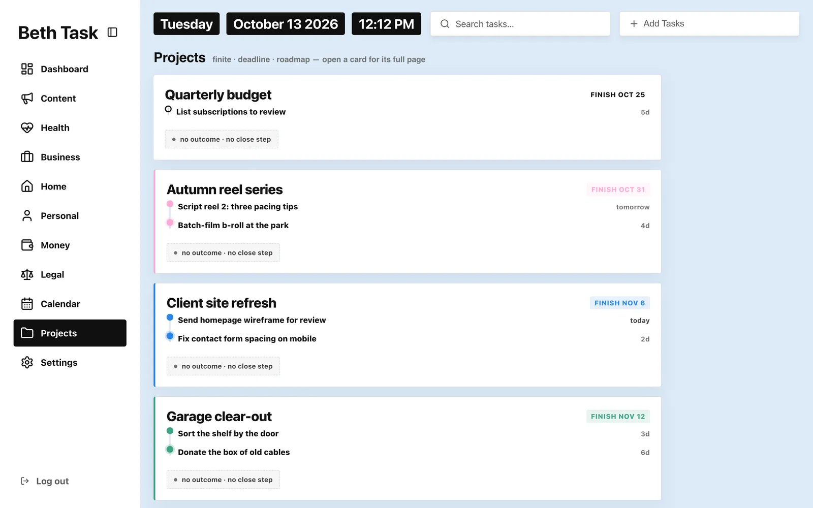 Beth Tasks projects screen: a sidebar of life areas beside project cards, each listing its next steps and a finish date.